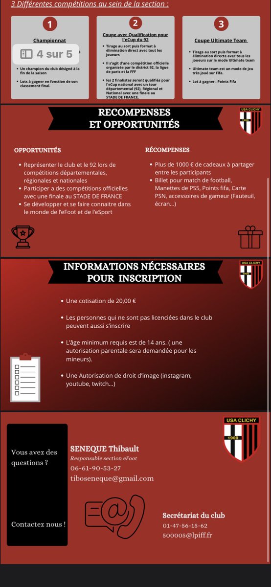 La Section eFoot du club de Clichy dans le 92 ouvre ses portes en lien avec le District 92, la ligue de Paris et la FFF. 

Voici le PDF explicatif en Photo.

Il s’agit d’un projet INÉDIT et PROMETTEUR qui fait surface.