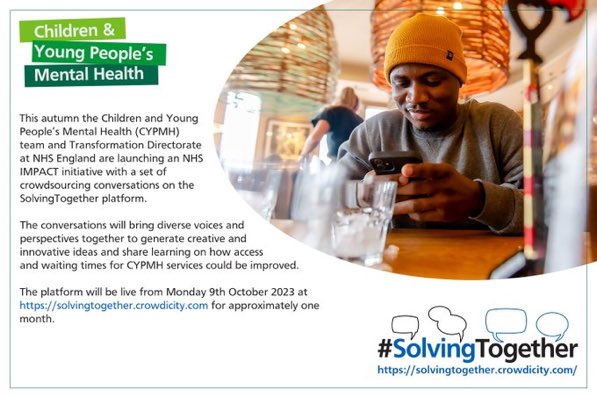 Please share through your networks this exciting initiative to generate ideas on how we can improve access &amp; reduce waiting times for CYPMH services. We are looking for widespread participation including families &amp; those working in CYPMH &amp; wider CYP services #SolvingTogether