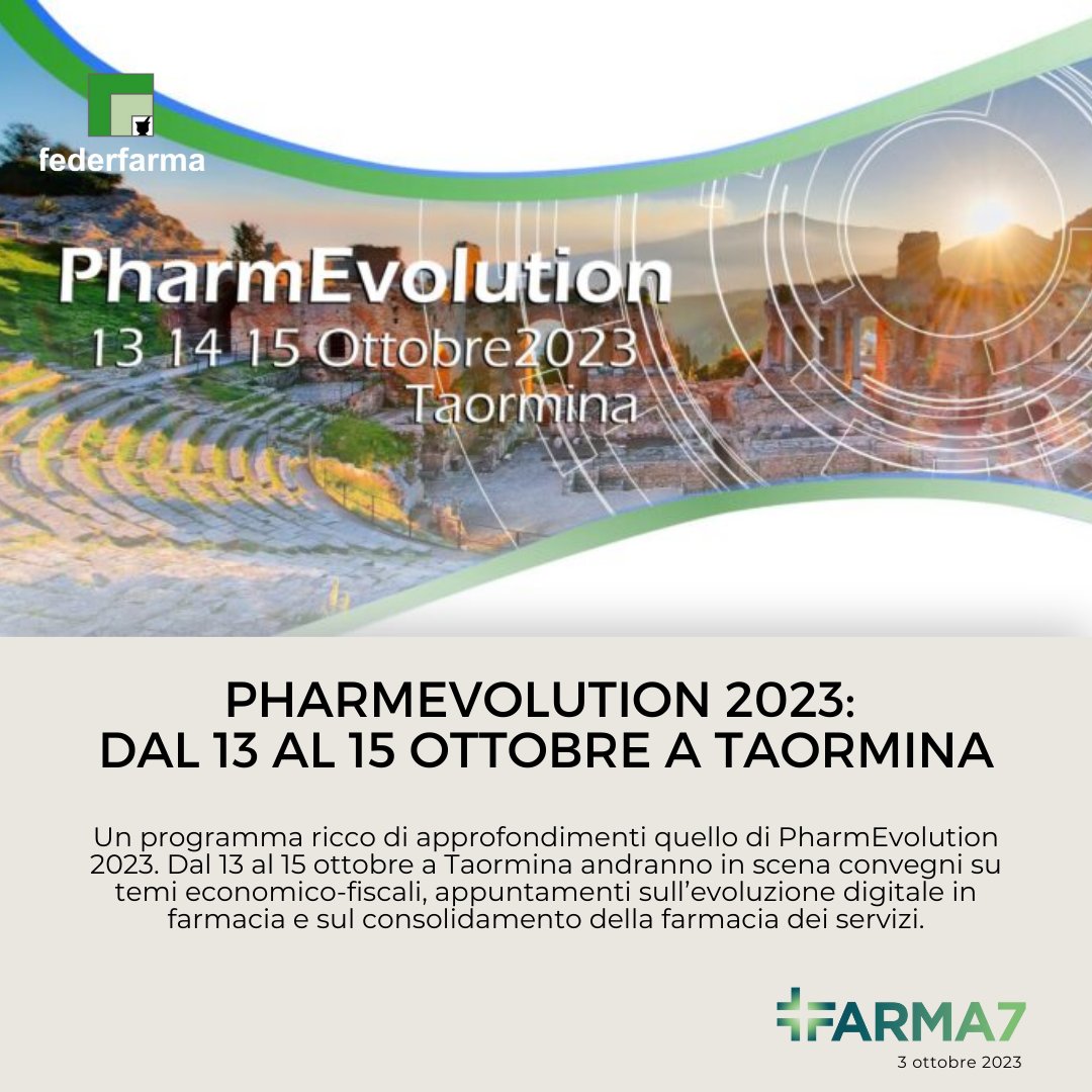 FederfarmaITA's tweet photo. Fiscalità, servizi, innovazione e riorganizzazione territoriale. Questi i principali argomenti che verranno trattati nella tre giorni di #Pharmevolution 2023 a Taormina, in programma dal 13 al 15 ottobre 2023. Maggiori informazioni nell’articolo al link.
https://t.co/c8M88iM5f0 https://t.co/0qVRE7oqKo