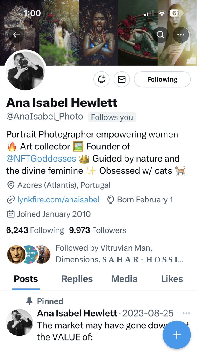 Follow this amazing woman <a href="/AnaIsabel_Photo/">Ana Isabel Hewlett</a> , big big community supporter only a bit to 10K

Let’s go!! Cheers to this amazing talented artist!!

❤️ love you dear!!

Could’ve resist making this post and sharing #NFTGoddesses 🔥🔥🔥