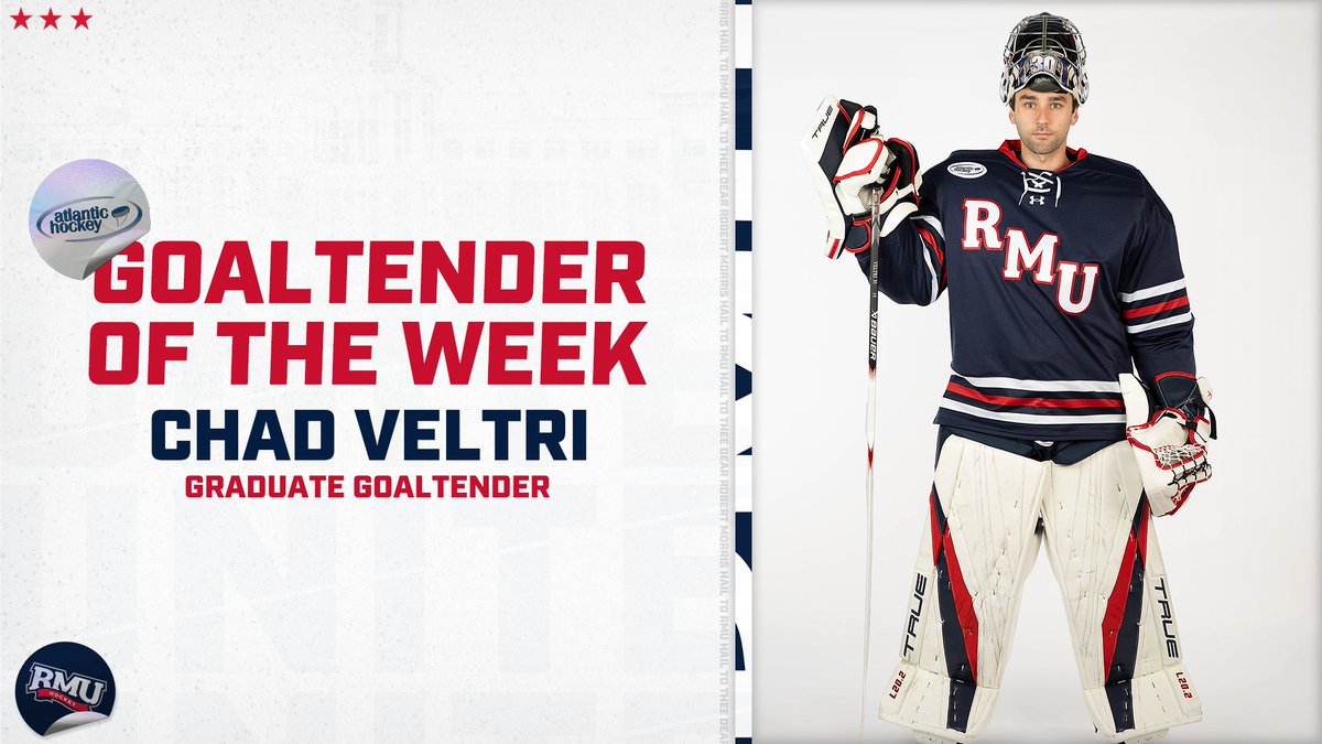 RMUMHockey's tweet photo. NEWS: Veltri Tabbed AHA Goaltender of the Week

- Veltri earns first award at RMU

📰: https://t.co/p7RSriOWz7

#BobbyMo | 🔵🏒🔴 | #RMUnite #AHA https://t.co/yEG5oSbLCt