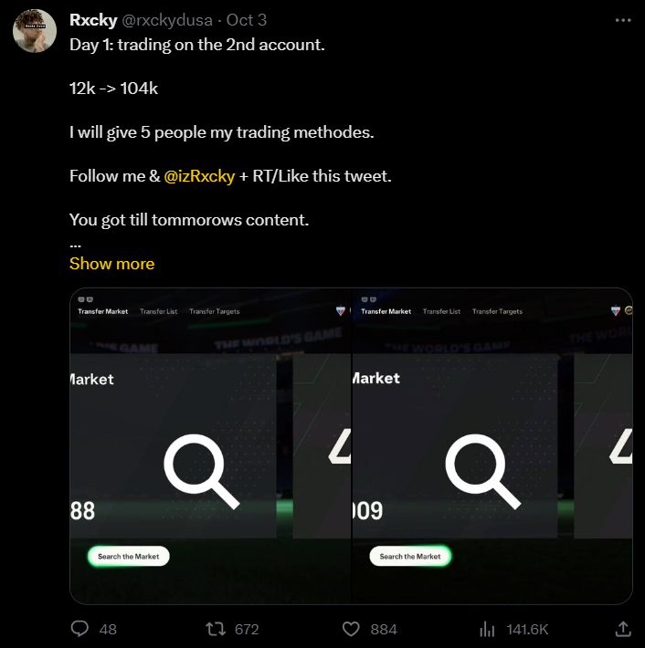 rxckydusa's tweet image. 6 days ago we started on 12k coins and now we are on 1.3M

showing AND sharing ppl most of my stuff.

We got meh content, I'm buying soon some cards again and you got max 2 more hours to join. I will send 5 people a small list of cards I will buy to sell tmmrw again

join👇