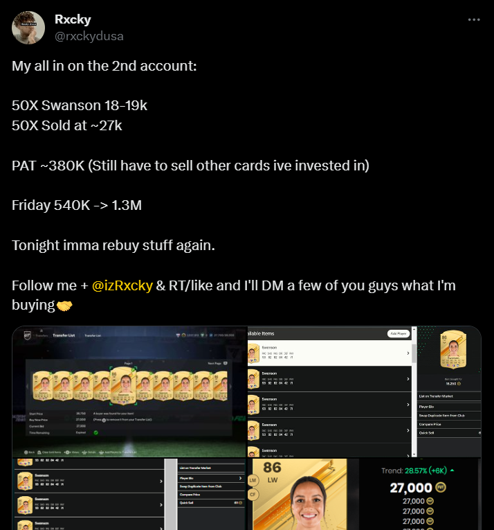 rxckydusa's tweet image. 6 days ago we started on 12k coins and now we are on 1.3M

showing AND sharing ppl most of my stuff.

We got meh content, I'm buying soon some cards again and you got max 2 more hours to join. I will send 5 people a small list of cards I will buy to sell tmmrw again

join👇