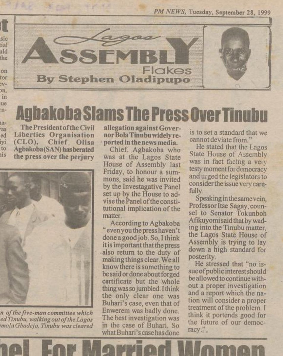 Olisa Agbakoba on the 29th of September 1999 slammed the Nigerian press 📰 for not putting enough time on Tinubu certificate FORGERY! 

The interview was published by Bayo Onanuga PM News; the same Bayo Onanuga!

If truly we all desire a better Nigeria 🇳🇬, the only thing we