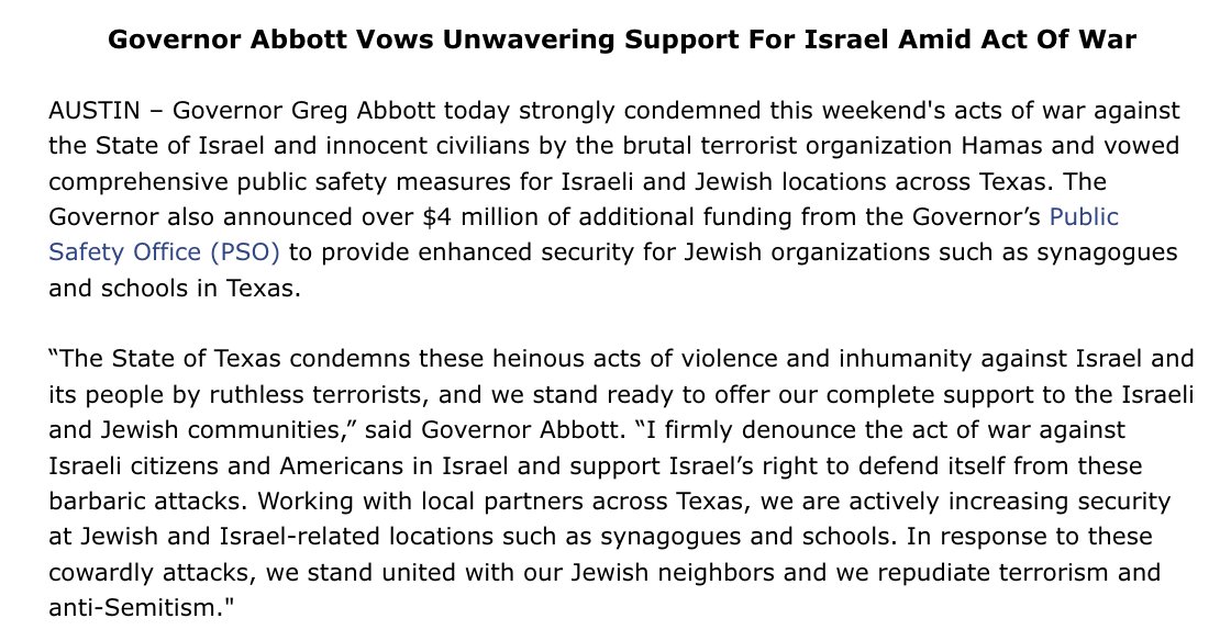 GovAbbottPress's tweet photo. Texas firmly condemns the heinous violence against Israel &amp; affirms Israel's right to defend itself.

Today, I expedited allocation of over $4 million to secure Jewish organizations across our state.

Texas supports Israel &amp; the Jewish community.

More: https://t.co/Q9pMBxmEFz https://t.co/bFWgzf5AF9