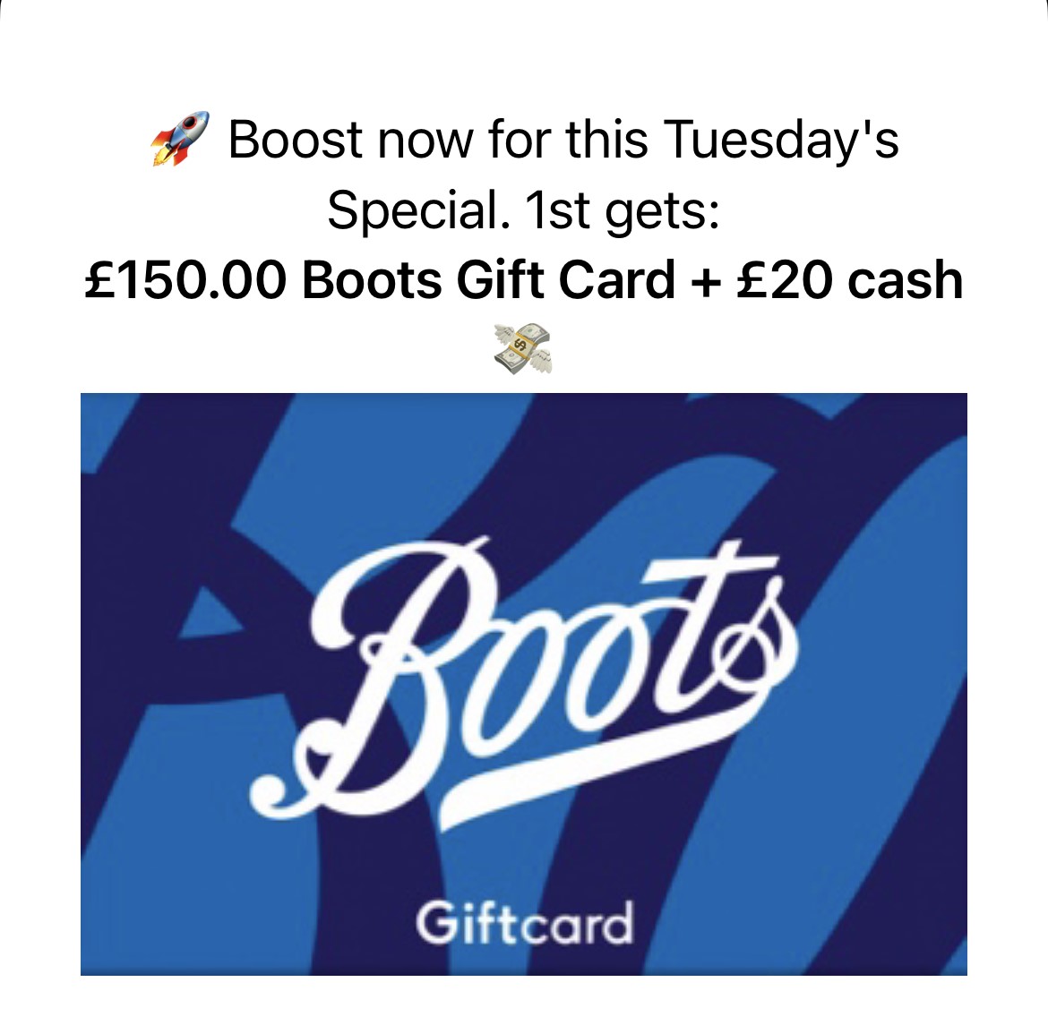EverUp_UK's tweet photo. ⚡️Boost now your entries 2X for this Tuesday's Special Daily Raffle!
🥇wins £150.00 Boots gift card + 💷 £20.00!
#everup #giftcards #free #costofliving #giveaway #giveawayuk #shopping #discount https://t.co/VVyNKvuguo