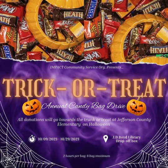It’s #spookyszn 🎃 Donate your favorite bags of candy 🍫 and receive community service hours 😉 to treat the students at Jefferson County Elementary to an unforgettable Halloween experience! 👻