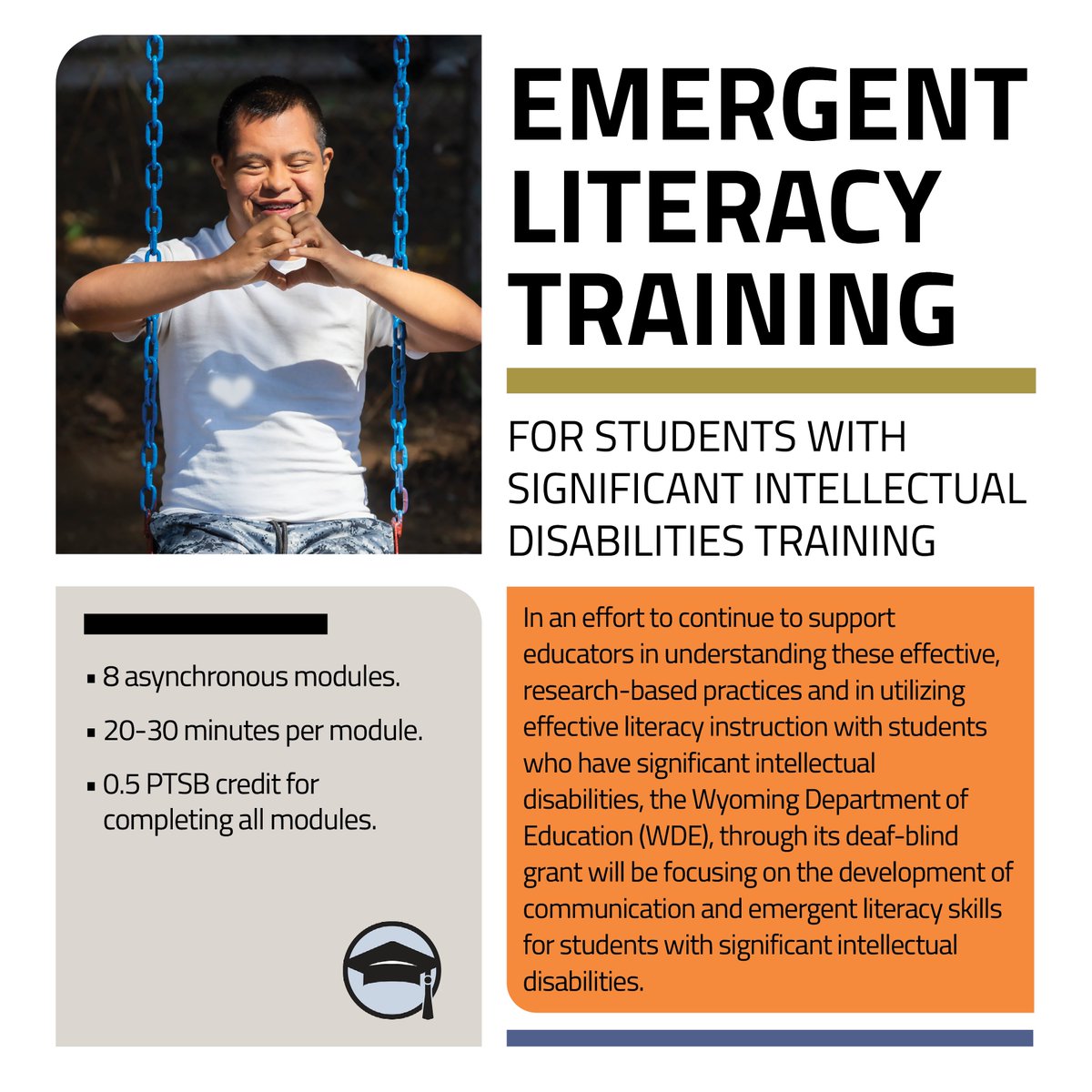 The #WyDeptEd will host asynchronous online professional development for #Wyoming educators on Emergent Literacy Training for Students with Significate Intellectual Disabilities. Learn more and register: wde.midaseducation.com/professional-d….

#WyoEdChat #WyomingEducation #Wyoming