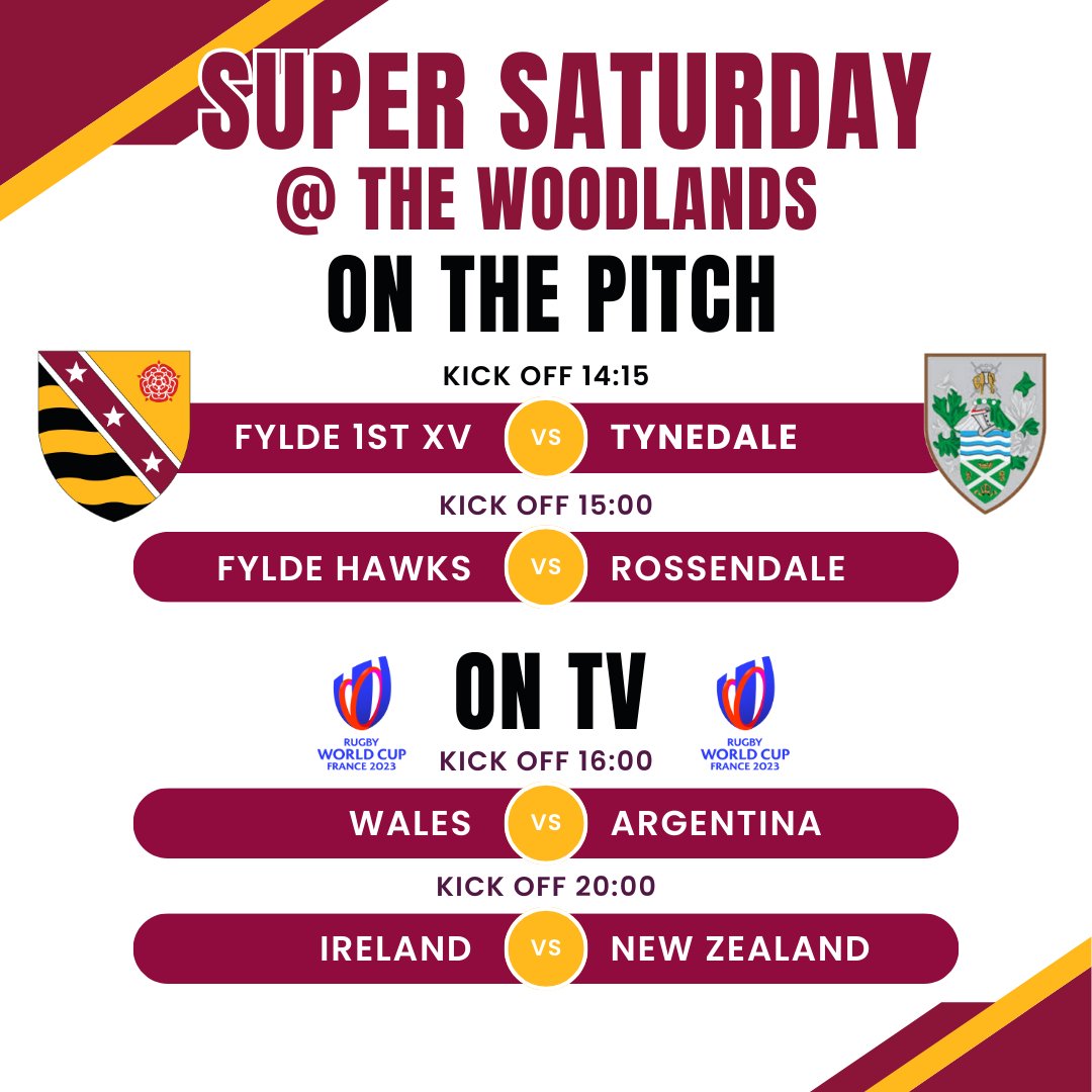 fylderugby's tweet image. Great Saturday coming up at the Woodlands! 1st XV v old friends and rivals Tynedale RFC. NOTE EARLY KO, 2.15, brought forward to allow for spectators to watch live RWC 2023 action in the Clubhouse. Also @fyldehawks v @rossendalerugby 2nds (ko 3pm) on top pitch. #SupportFylde!