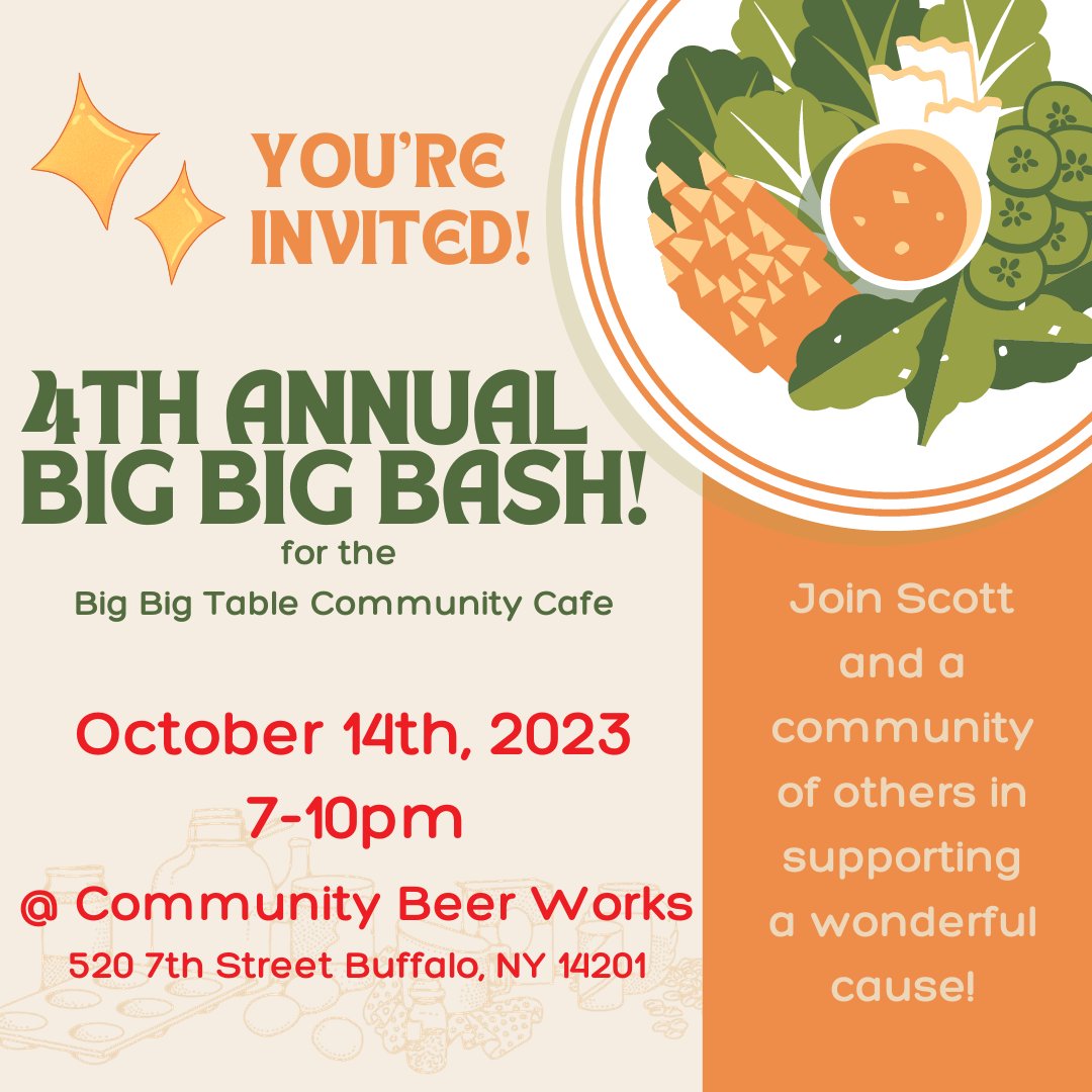 KrevatScott's tweet image. 🍴 Join Scott at the Big Big Bash supporting the Big Big Table Community Cafe! Save when you order 2 tickets. 
Buy tickets here: st8.fm/3PItTno

#buffalony #716 #buffalocommunity #buffalove
