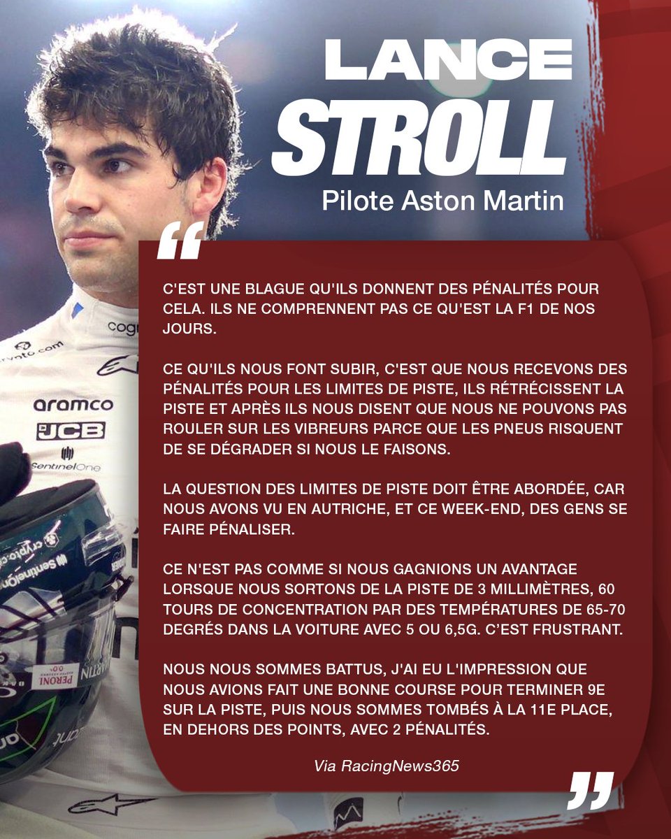 🔴 Lance Stroll s'en prend aux commissaires de course et critique leur gestion des pénalités après le Grand Prix du Qatar ! 😠

💬 "C'est une blague qu'ils donnent des pénalités pour cela. Ils ne comprennent pas ce qu'est la F1 de nos jours."

"La question des limites de piste