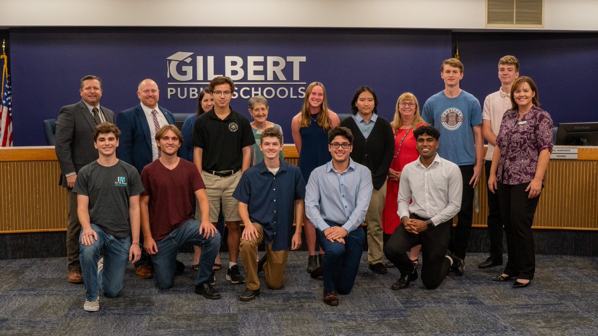 GPS_District's tweet photo. @MccordGps and the GPS Governing Board recently celebrated our Superintendent Recognition recipients for the month of September. Congratulations to Anne Schwaab, @NeelyKnights, and our National Merit Semifinalists! #GilbertGold https://t.co/O0UbfvMP6y