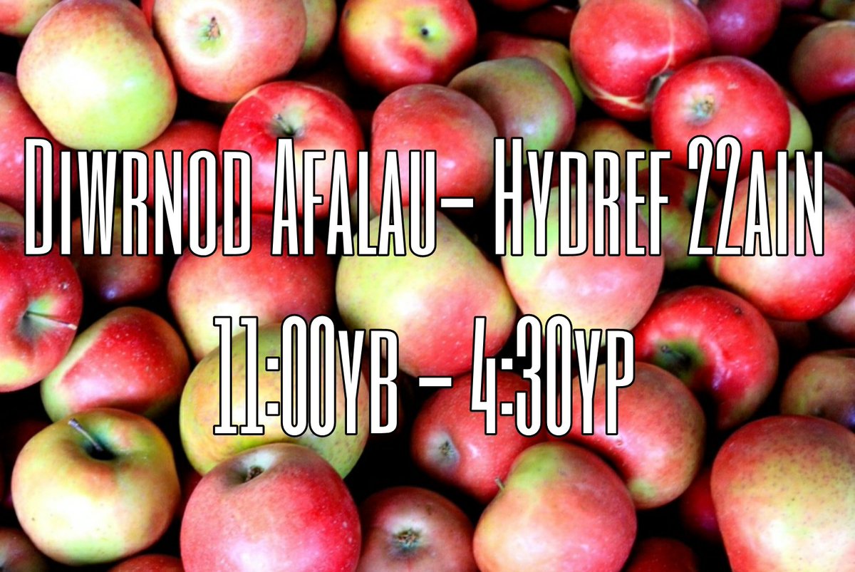 Diwrnod Afalau: 11.00yb – 4.30yp Dydd Sul Hydref 22ain

Apple Day: 11.00am – 4.30pm Sunday October 22nd

Noddir y digwyddiad hwn yn hael gan Social Farms and Gardens
This event is generously sponsored by Social Farms and Gardens
(farmgarden.org.uk)