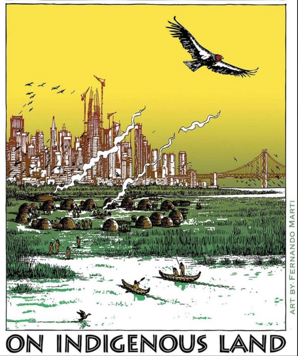 SF is unceded Ramaytush Ohlone land. #IndigenousPeoplesDay REP-SF fights for truly affordable, dignified housing & equity in land use, which means fighting for Indigenous communities to play a lead role in land development! (🎨 by Fernando Martí @el_compay_nando on IG)