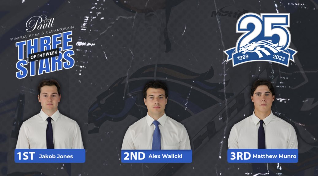 SVStampeders's tweet photo. Paull Funeral Home &amp; Crematorium Three Stars of the Week (Oct. 1 - Oct. 8). 

⭐️⭐️⭐️Matthew Munro
⭐️⭐️Alex Walicki
⭐️Jakob Jones

Details | https://t.co/PQbI5AWa6x

#25Years #StampederHockey https://t.co/AdsXfvbFnH