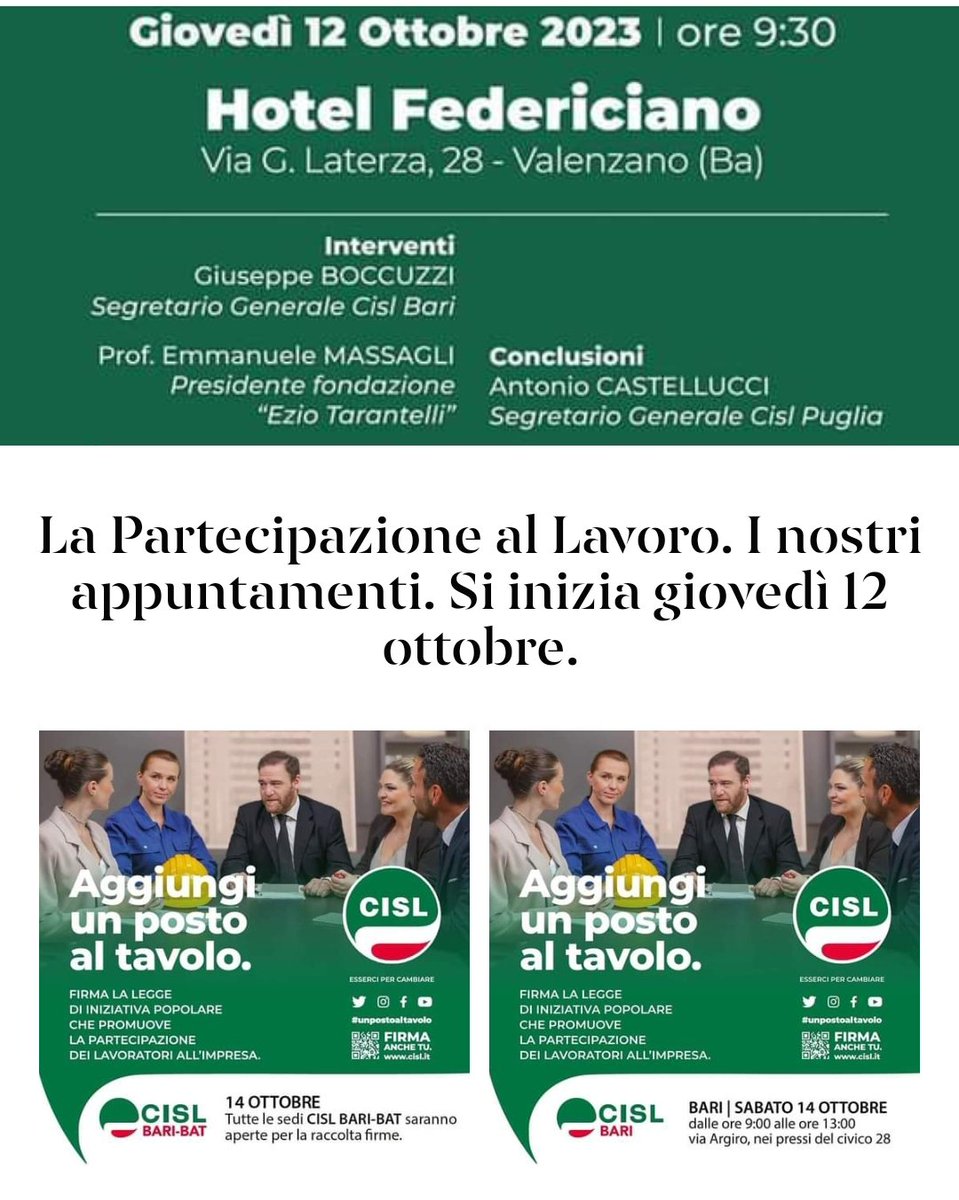 cisl_bari's tweet photo. Il 13 e 14 ottobre, due giornate di assemblee nei luoghi di lavoro e di incontri con i cittadini nelle piazze in tutte le regioni del Paese: è l' la "Festa della partecipazione"vi aspettiamo
@boccuzzibeppe @antonia_sinisi @CislPuglia https://t.co/lV4XtUJRdp