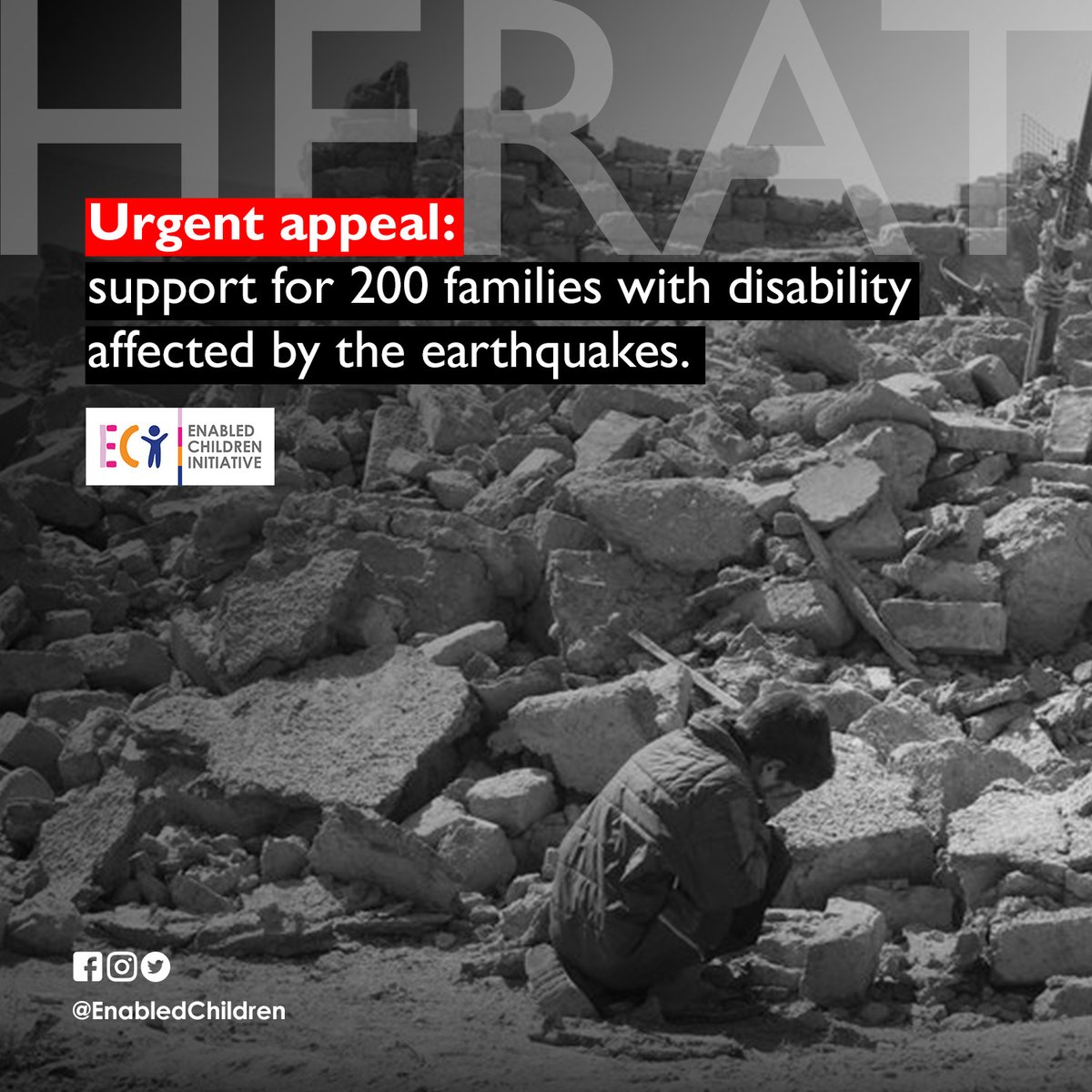 Urgent Appeal for Herat: Our Herat team are organizing emergency relief for 200 families who have children w disabilities whose homes & livelihoods were destroyed in the recent earthquake. $200 supports 1 family with emergency relief. Donate today: enabledchildren.org/donate