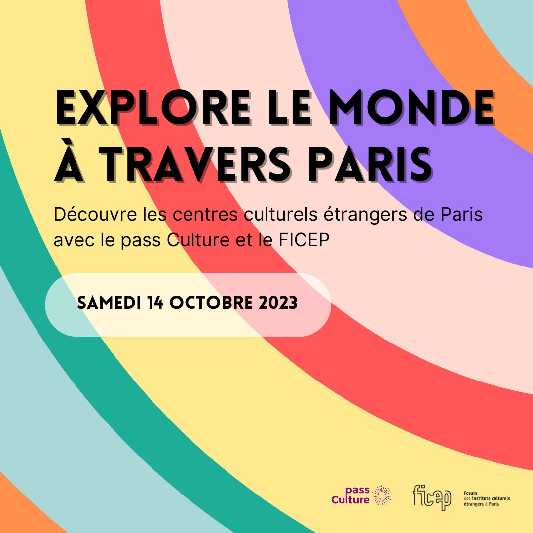 EXPLORE LE MONDE À TRAVERS PARIS 🗺 ! Le 14 octobre en partenariat avec le #passCulture, @FicepParis propose un parcours de visites des centres culturels. Les infos pour les jeunes qui souhaitent y participer à retrouver sur l’application pass Culture.