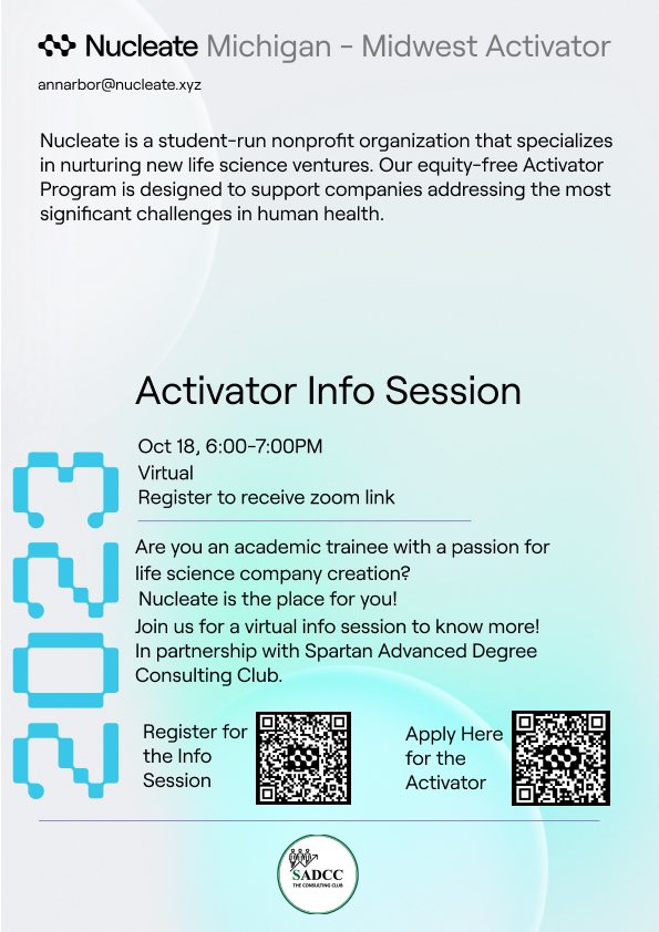 🌟 We will be hosting Nucleate Michigan for an Info Session on Wednesday, October 18th, 6-7pm 🗓️

🚀 Register, if you are interested in life science entrepreneurship or simply want to explore careers outside of academia! 

Register here for info session: 
lnkd.in/gfR8-aVP