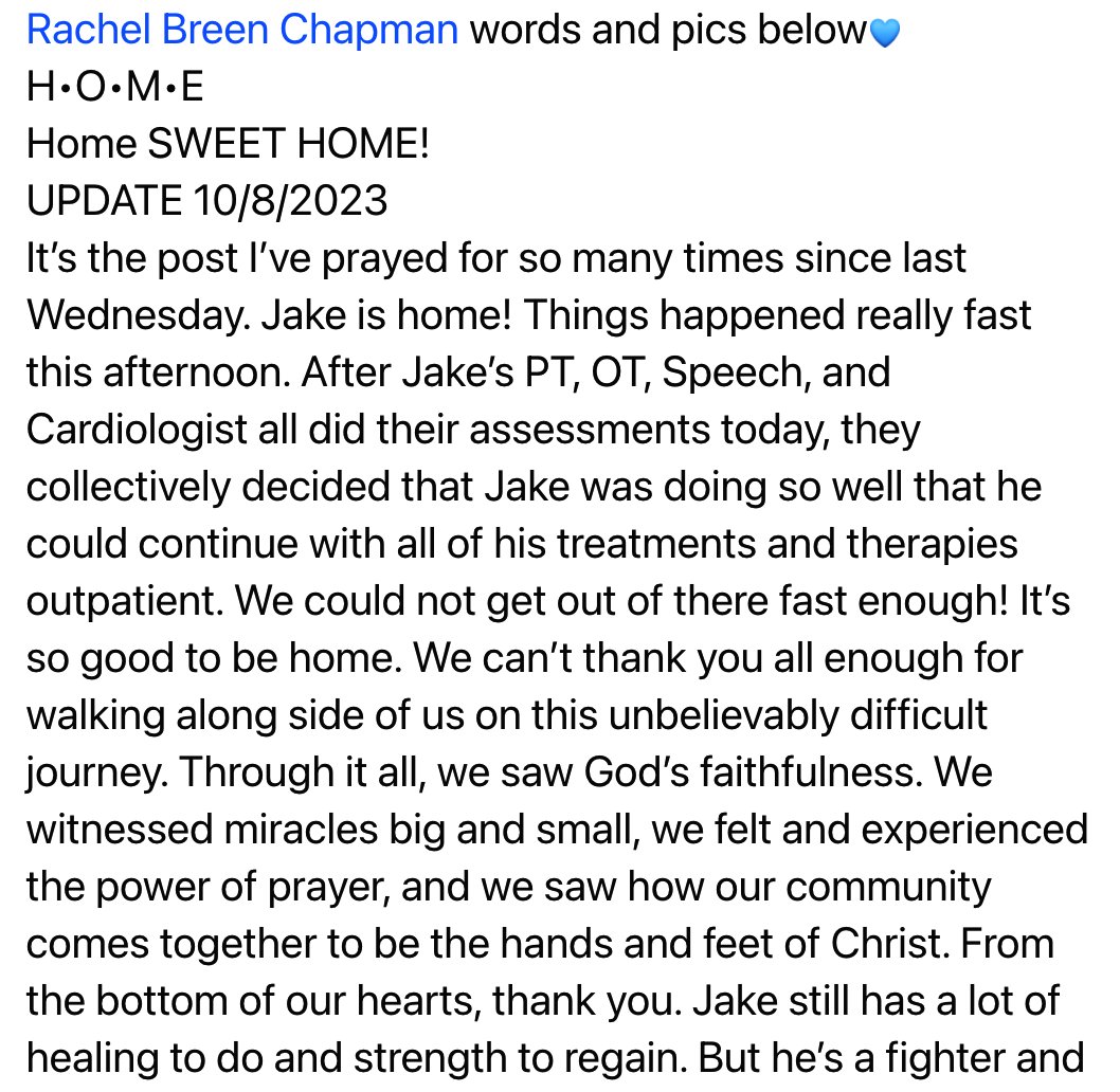 Great news: Jake Chapman got to go home on Monday. The Unity Christian junior basketball and football player left the hospital two weeks after suffering cardiac arrest.