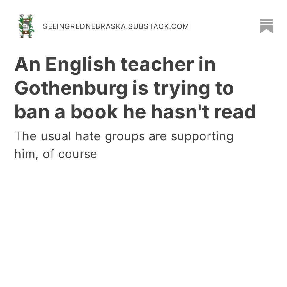 SeeingRedNE's tweet photo. An English teacher in Gothenburg is trying to ban a book he hasn’t read. There is a school board meeting at 7:00 pm today. Read the article at the link in our bio. https://t.co/4ivWuY6aQX