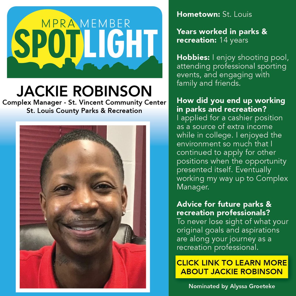 🥳 Congratulations Jackie! 🥳
Jackie is MPRA's Member Spotlight this month. Let's all thank Jackie for everything they do for their community and for parks and recreation. @stlcountyparks 
Learn more about Jackie! -&gt; mopark.org/assets/pdf/Abo…