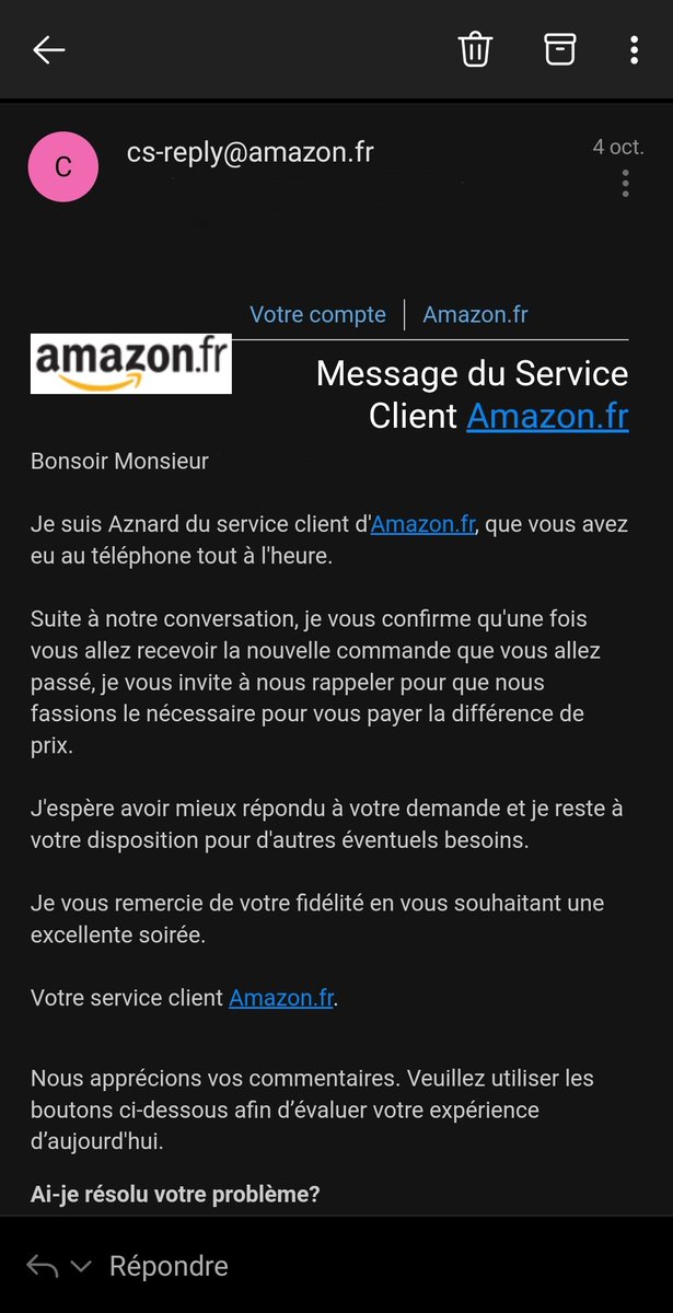 Alexis_Grdh's tweet photo. @AmazonHelp @amazon
2h passées au téléphone avec votre service client incompétent (qui me raccroche au nez), tout ça pour me dire qu'ils ne respecteront pas leur engagement de remboursement (malgré une trace écrite par mail)... vous êtes des voleurs. 

@UFCquechoisir @dgccrf https://t.co/TLm2AE8EzQ