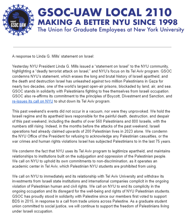 GSOCUAW's tweet photo. A response to Linda G. Mills’ statement on Israel:

#FreePalastine @nyuniversity https://t.co/ZPVRbyQmdF