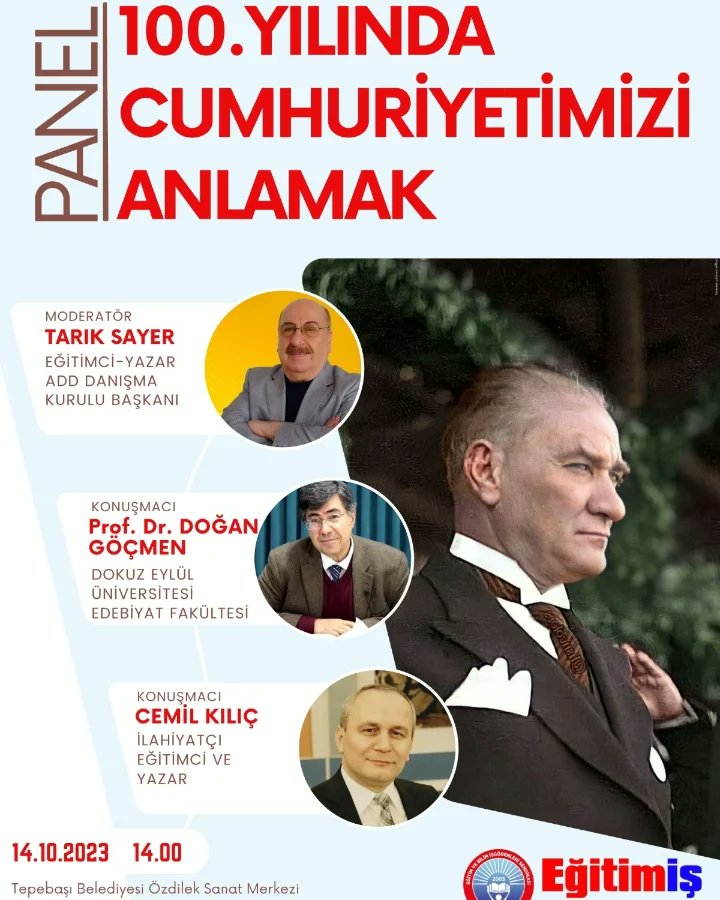 egitimis26's tweet photo. 14.10.2023 Cumartesi saat 14.00'te Özdilek Sanat Merkezinde düzenlediğimiz Panel'e tüm üyelerimiz ve cumhuriyet gönüllüleri davetlimizdir. https://t.co/o2JNpfY7Dy