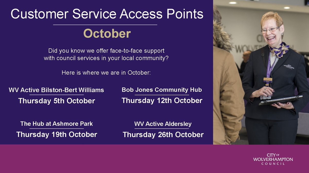 Don’t forget there’s a customer service access point session open from 9am until 2pm at one of four locations every week this October – it’s at the Bob Jones Community Hub this Thursday 12 October.

Full details at orlo.uk/irkCp