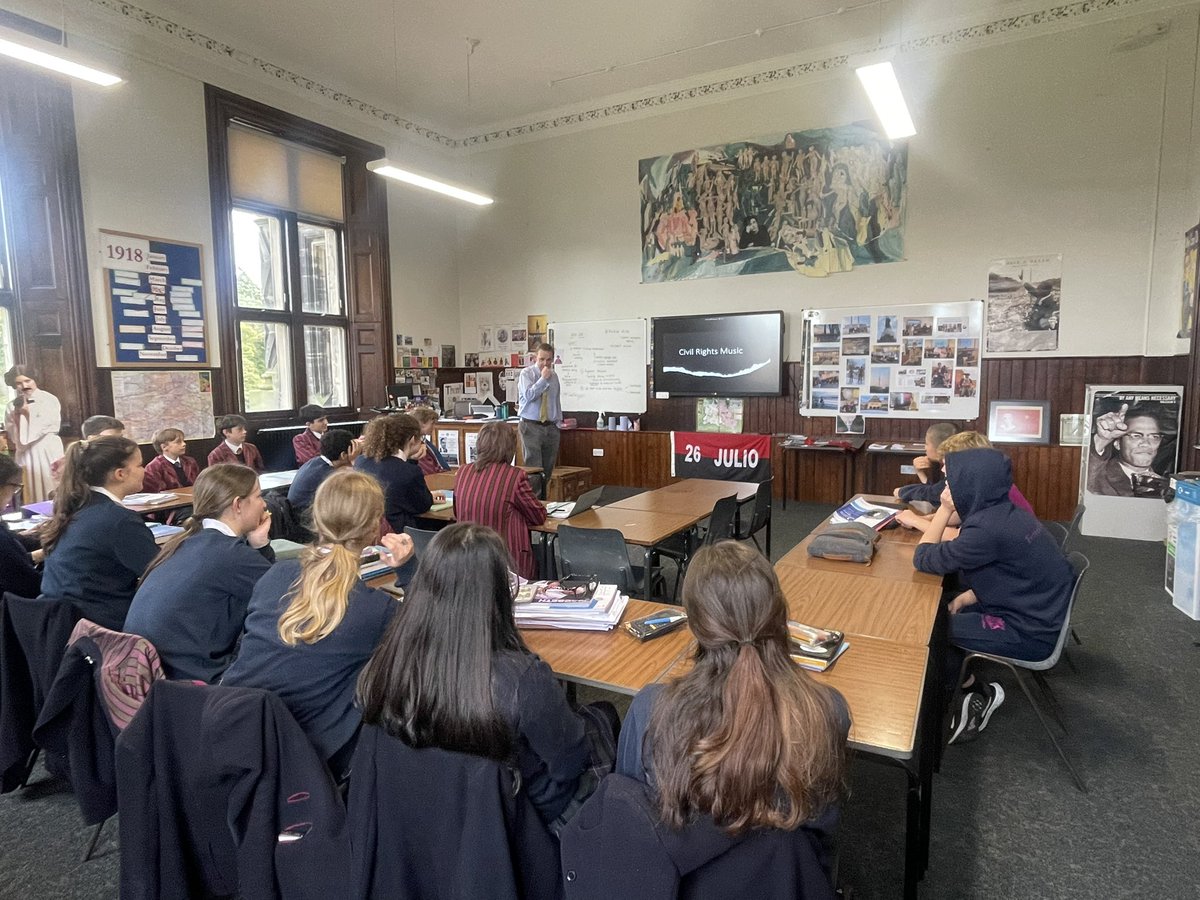 Today’s historical society continued with the Black History Month theme with Mr Du Vivier discussing the importance of music as a form of protest.  He drew on 3 examples: ‘strange fruit’, ‘we shall overcome’ and ‘Black’.