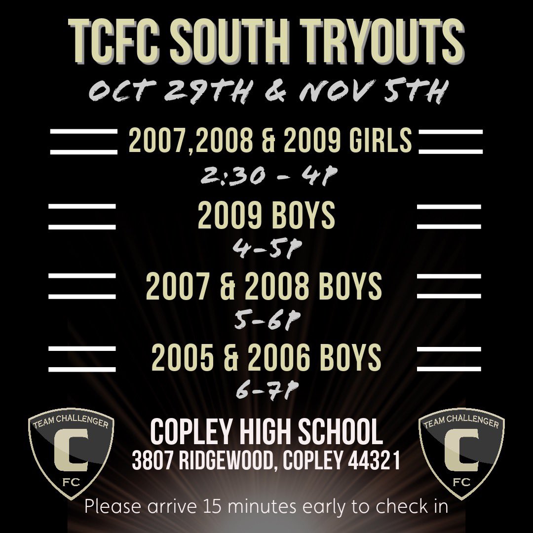 TCFC SOUTH TRYOUT DATES! Register here: go.teamsnap.com/forms/400141