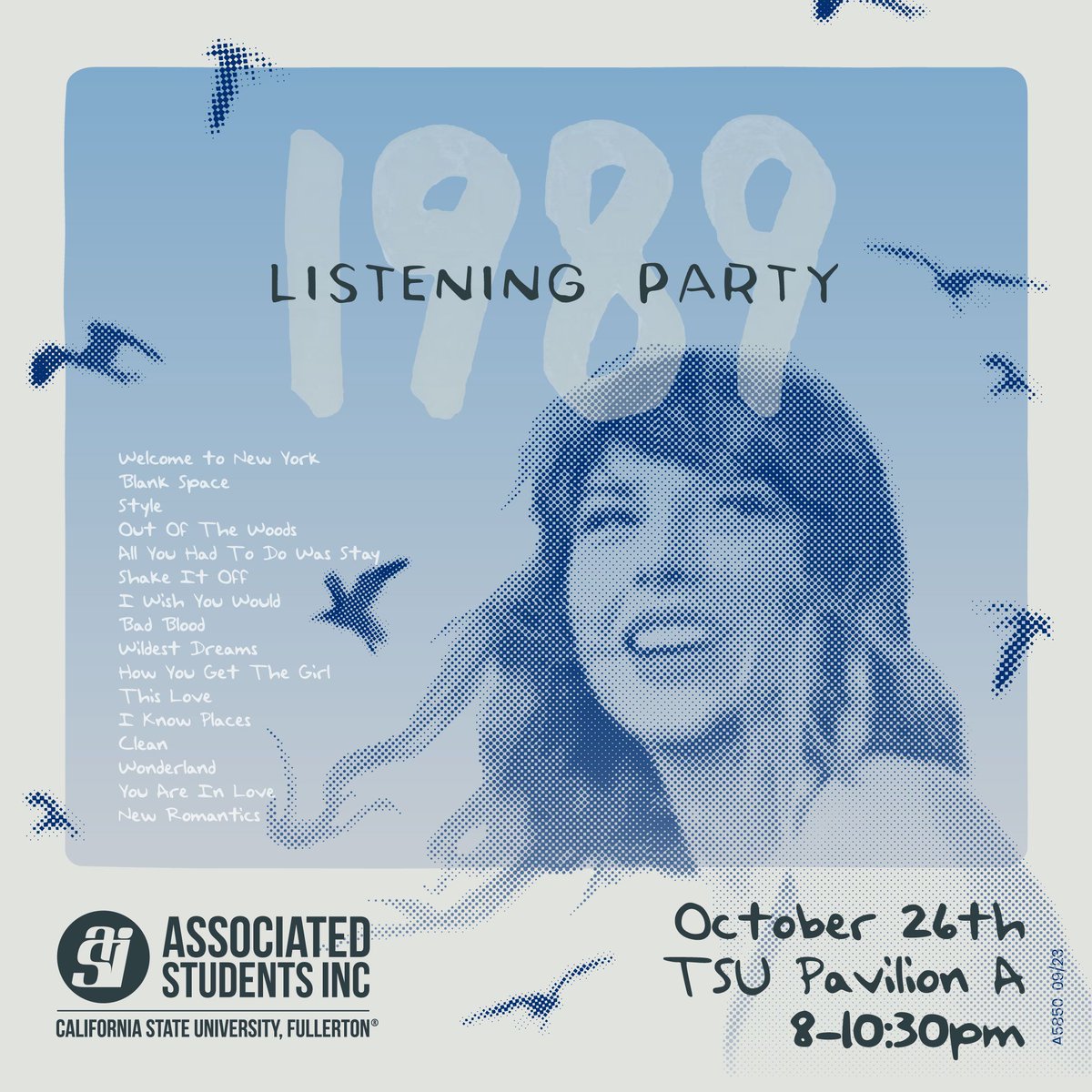 1989 will never go out of style! Join us on October 26th for ASI's 1989 (Taylor's Version) Listening Party! 🕊️ 💙 

Create friendship bracelets, dress up in your best 1989-inspired outfit, and celebrate the release of the new album in TSU Pavilion A. 🪩  Hope to see you there!