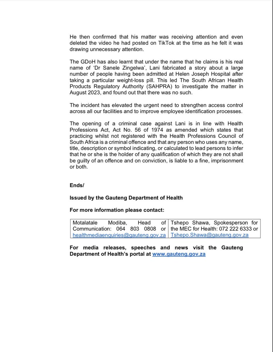 MEDIA STATEMENT || GAUTENG HEALTH OPENS A CRIMINAL CASE AGAINST A BOGUS DOCTOR