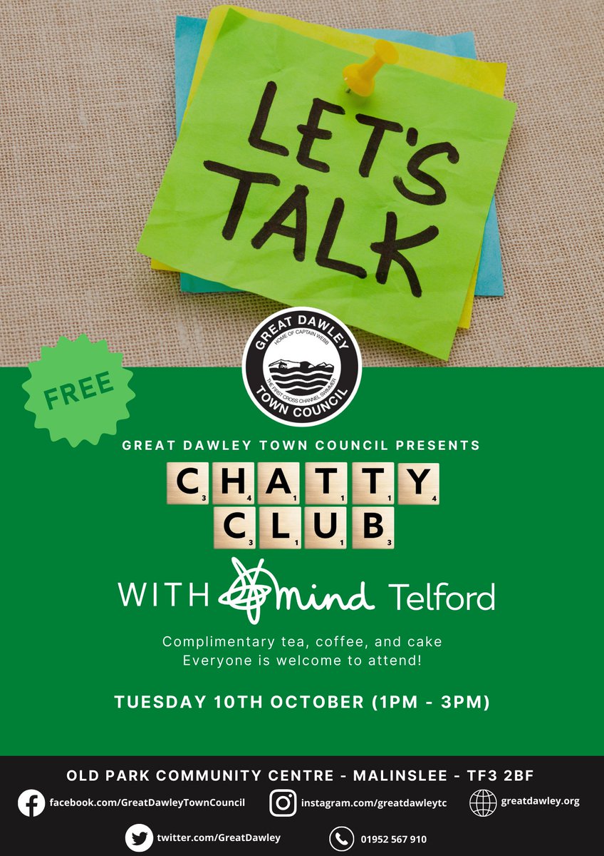 GreatDawley's tweet photo. It's the second Tuesday of the month tomorrow, which means it's our Chatty Club at Old Park Community Room! (Located at Old Park Primary)
As it will also be Mental Health Awareness Day, we will be joined by @telfordmind who will be there to offer support to those in need. https://t.co/nngLSoyWCm