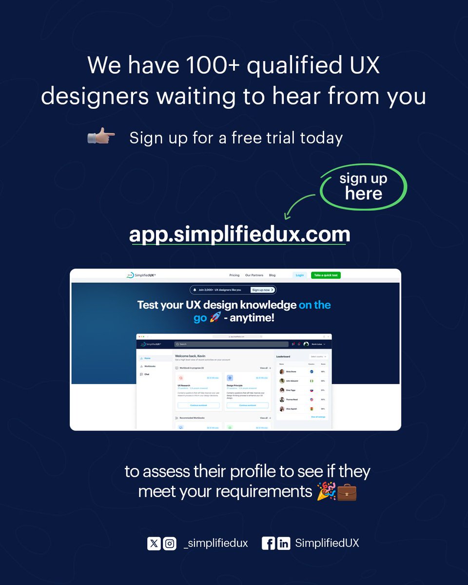 _simplifiedux's tweet image. We have 100+ qualified UX designers waiting to hear from you.

Sign up to app.simplifiedux.com to assess their profile, see if they meet your requirements
#hiringmanagers #hiringdesigners #SimplifiedUX #UXdesign #productdesign #designcandidates #designhiring #designcareers #ux