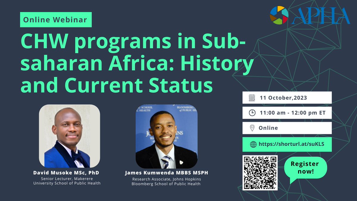 Join us for this upcoming webinar on #CHW programmes in Africa organised by <a href="/PublicHealth/">APHA</a> on Wednesday 11 October 2023 at 6.00pm East African Time. Register here: jh.zoom.us/meeting/regist…