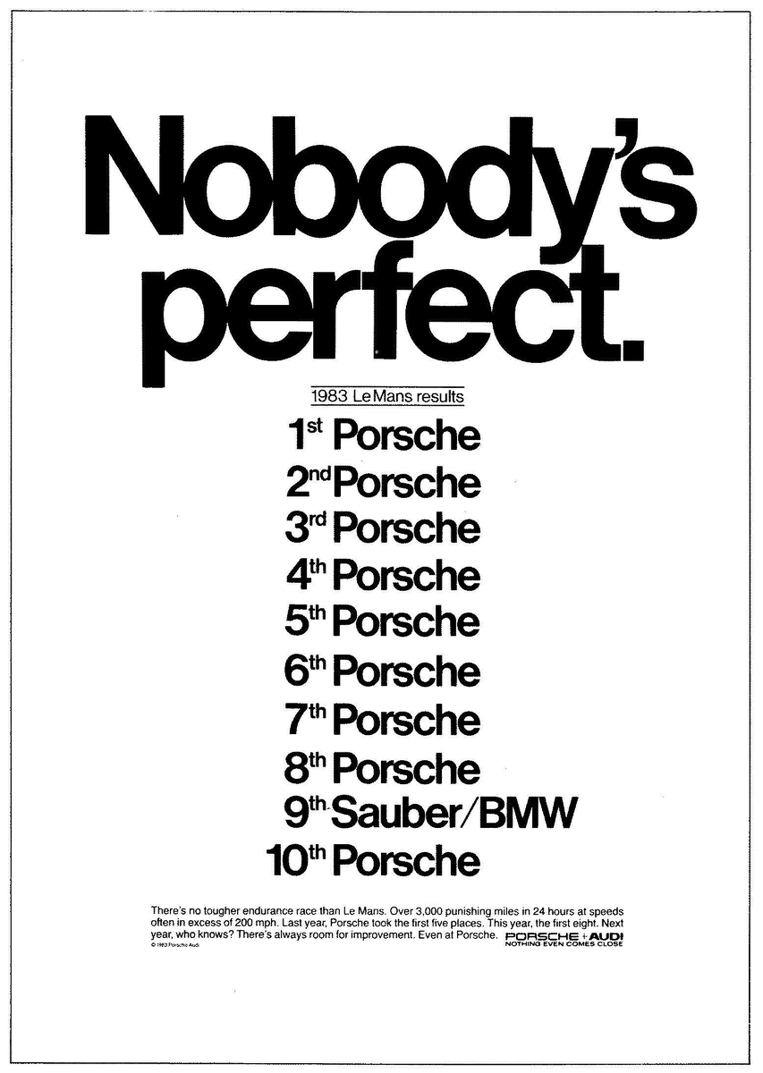 The_AdProfessor's tweet image. 14. Porsche LeMans ad

Principles:

1. People trust a 9/10 rating more than a 10/10

2. If you&apos;re going to dunk on your competition, make it hilarious.