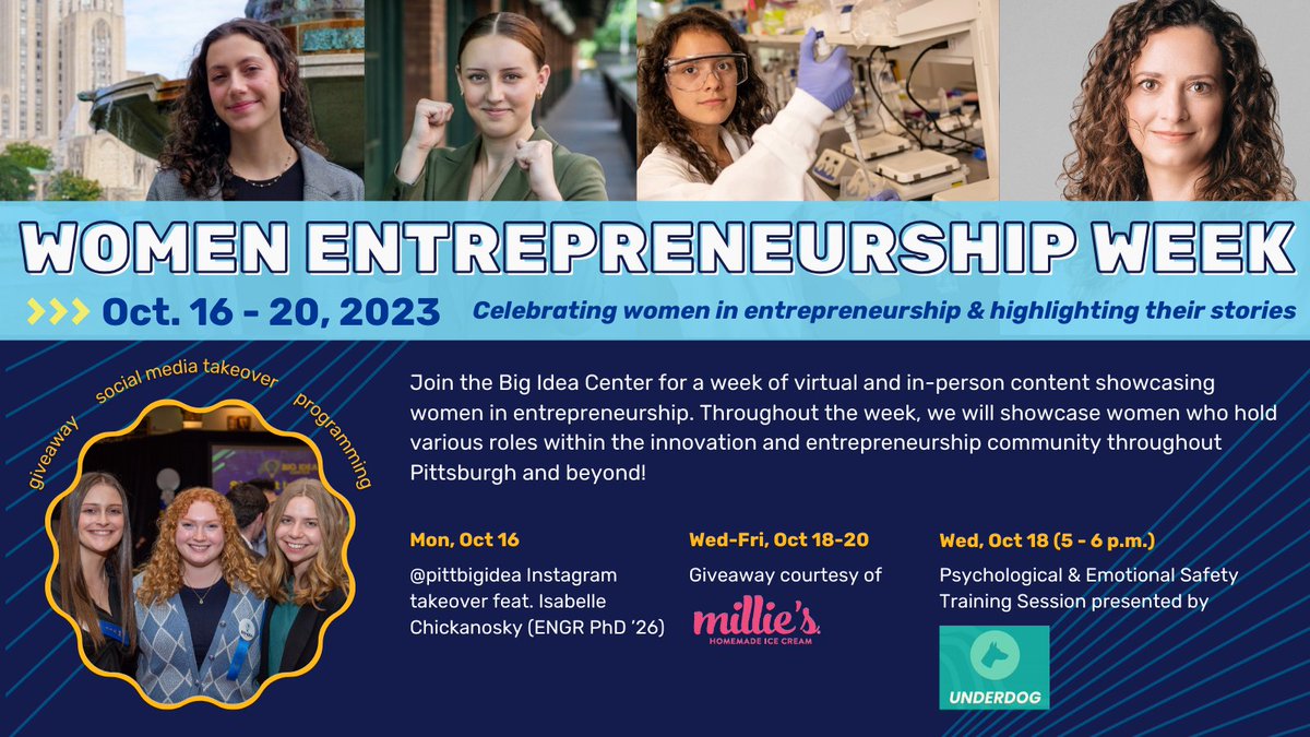Tune in 10/16-10/20 for our #WomenEntrepreneurshipWeek! 👩🏻👩🏾 We'll be showcasing a variety of women entrepreneurs from the Pittsburgh region -- learn from these amazing ladies and their journeys! 💡
 
Check out &amp; register for our #WEW2023 activities: hubs.li/Q023vcWv0!