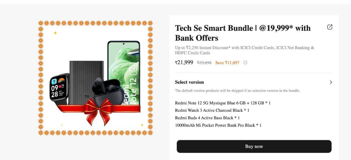 If you are a Xiaomi fan and looking at a range of products this festive sale then this bundle deal might interest you. You can buy Redmi Note 12 5G, Buds 4 Active, Watch 3 Active and 10,000mAh Powerbank at ₹19,999 with card discount. Deal link- mi.com/in/product/bun…