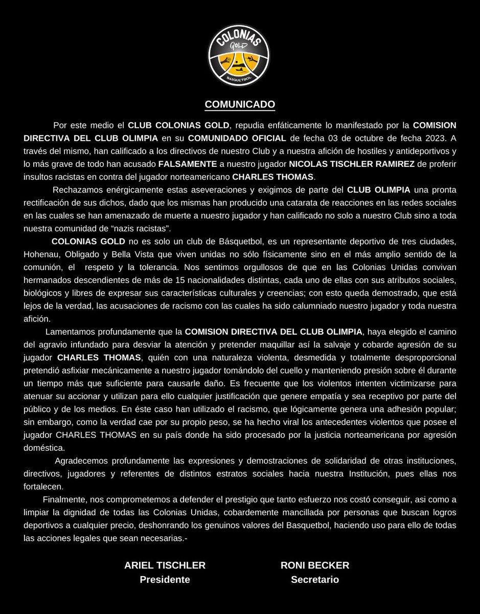 Comunicado Oficial de la Comisión Directiva de Colonias Gold acerca de los acontecimientos de la semana anterior.