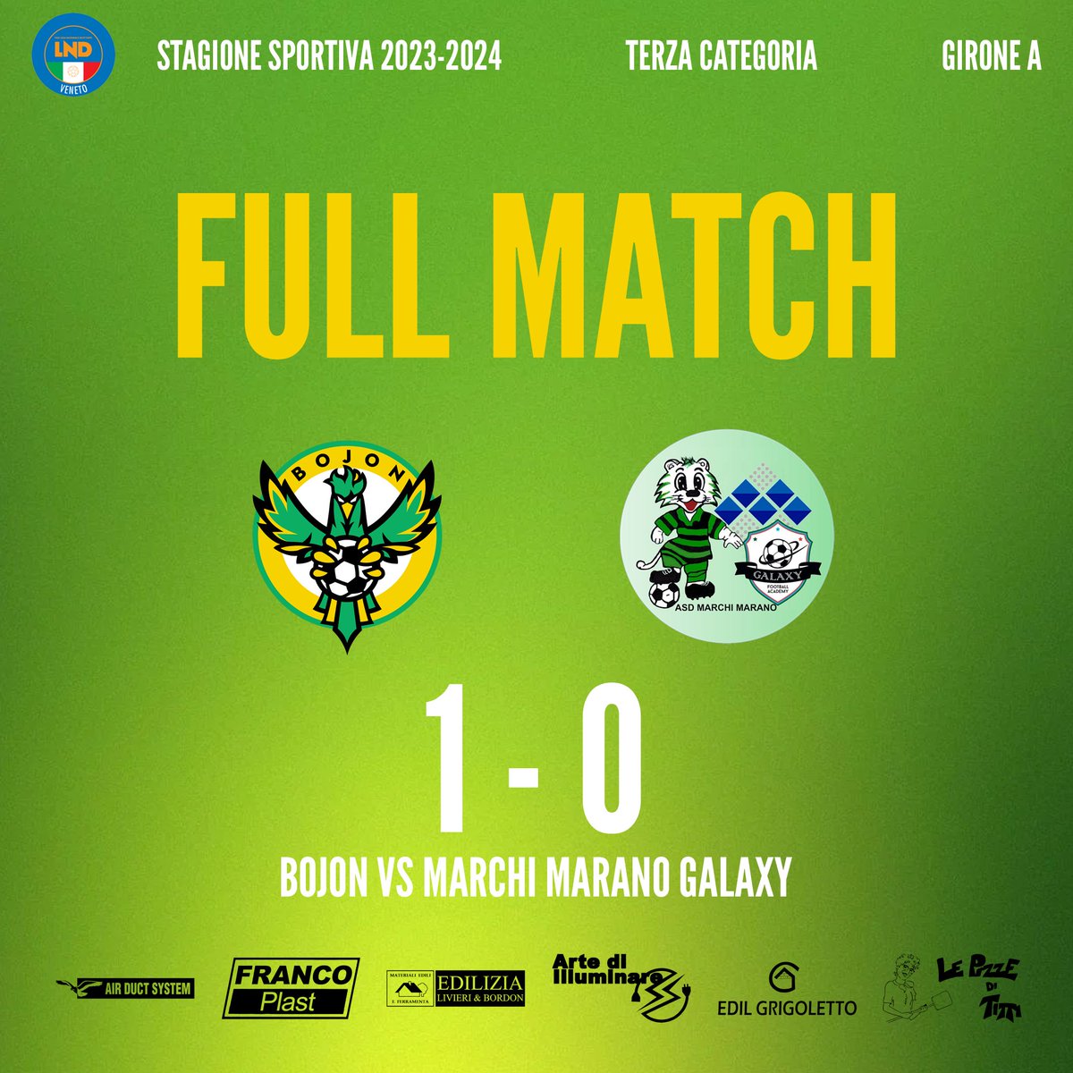 asdbojon's tweet photo. FULL MATCH ⏱

#BojonMarchimarano 1-0

⚽ Budai

https://t.co/f0AfwH1Ylm

🟡🟢 #bojon #cuoregialloverde #forzabojon https://t.co/wIsONH4ODq