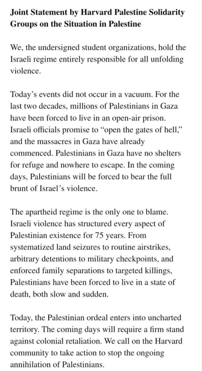 Israel is the victim of a terrorist attack. Hamas is the perpetrator. It’s as simple as that. There are no “both sides.” Yet here you have 30+ student organizations from Harvard University, blaming the victims, Israelis, for their own murder, rape, and abduction, rather than