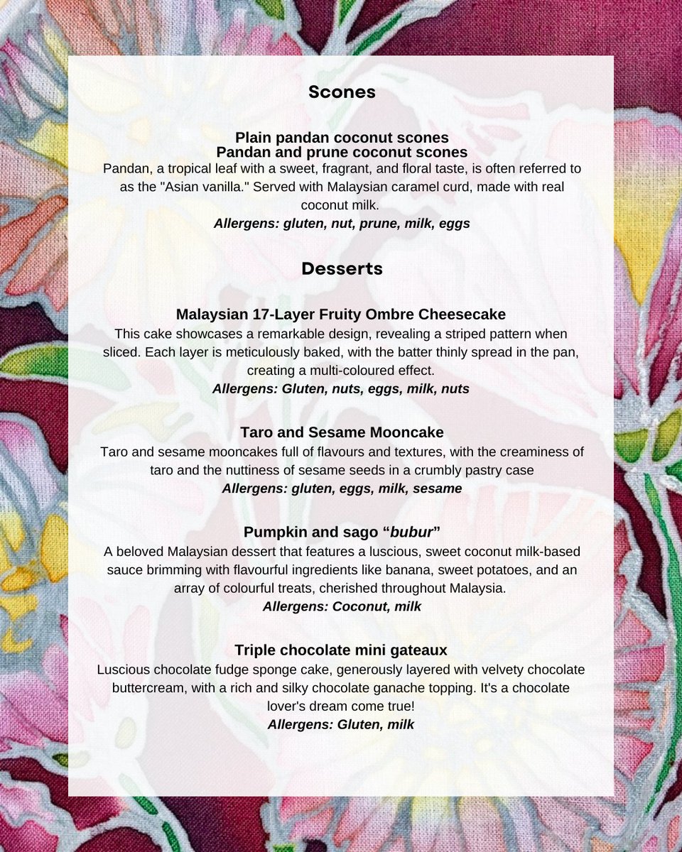 Imagine a relaxing day filled with art and the chance to savour a unique Malaysian Afternoon Tea, right here in London. 
Ticket £120pp for a week only (Because it is my birthday week!) 
Checkout more details about the event and tea menu: tickettailor.com/events/malaysi…

See you there!