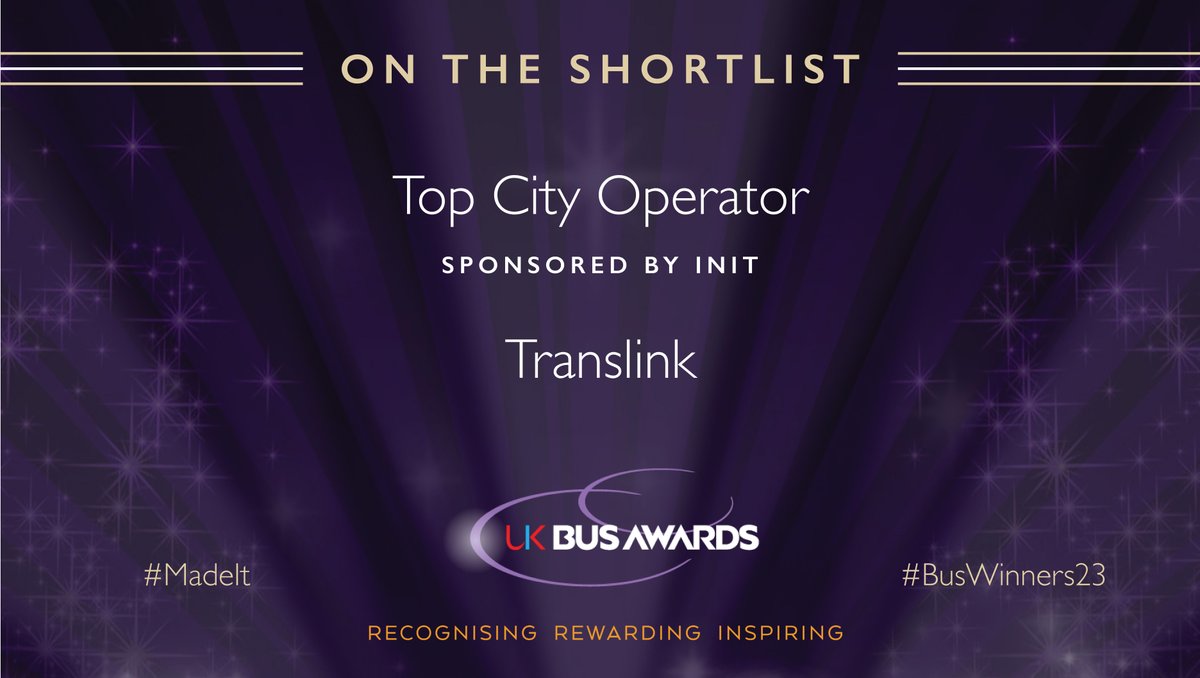 🎉 Exciting News! 🚌 We are thrilled to announce that Translink has been shortlisted for the prestigious Top City Operator award sponsored by Init at the UK Bus Awards. Congratulations to the entire Translink team! 🏆 #UKBusAwards #BusWinners23 #MadeIt