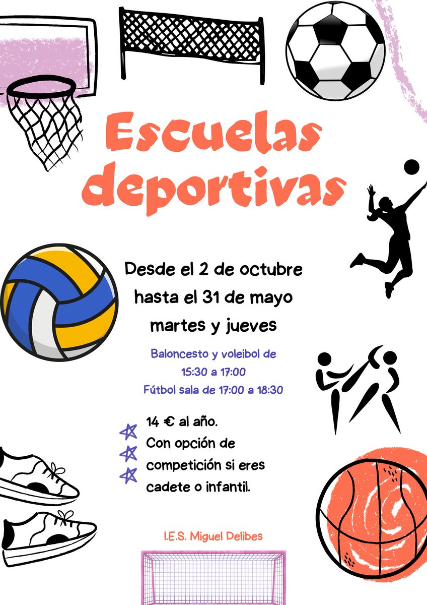 IESMDelibes's tweet photo. ¡Ya están en marcha las escuelas deportivas! Pregunta a tu profe de Educación Física para más información. #IPAFD https://t.co/fsheoM3L6n