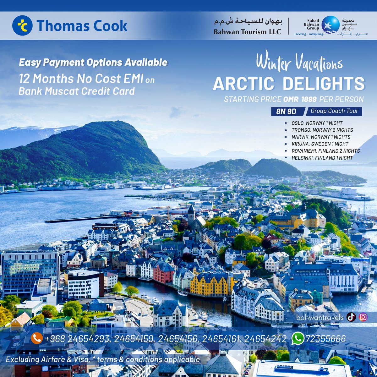 BahwanTravels's tweet photo. Chase the Arctic magic for 9 days across Norway, Sweden, Finland, and
more, starting at just OMR 1899! Freeze the cost with No Cost EMI,
exclusively for Bank Muscat Credit Card holders. 📷📷

📷𝐕𝐢𝐬𝐢𝐭 https://t.co/pfwtj2oWeG

#ArcticAdventures #ArcticAdventure #Bahwantravels https://t.co/rTN9m8bBCW