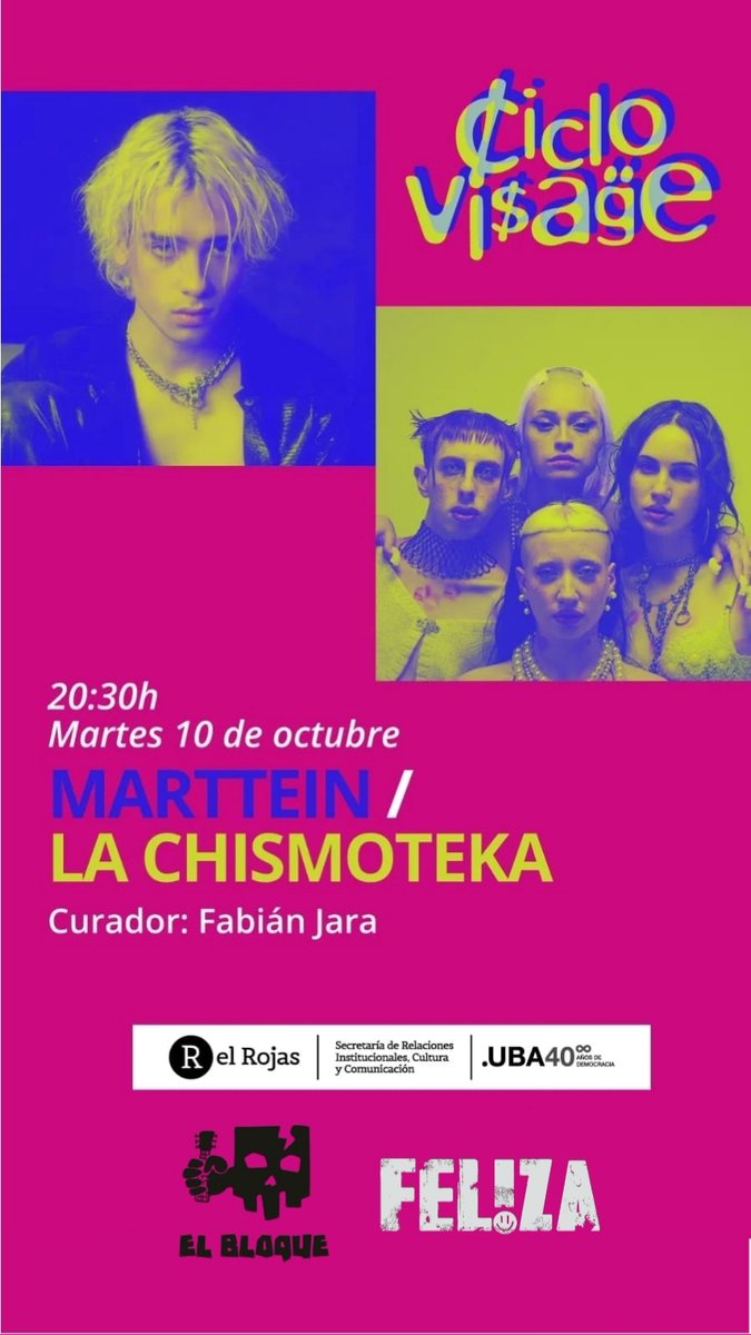 fabianjaraokei's tweet photo. mañana es la primera fecha del #CicloVisage en @elrojasuba
shows de #Marttein y #LaChismoteka 20:30hs
1000k tickets online y en boletería
próximos recitales : 17/10 #SantiagoTavella (Uruguay, integrante del Cuarteto de Nos) y #FiambreModerno @electrochongo y @tintadown https://t.co/8HmaQiVq7U