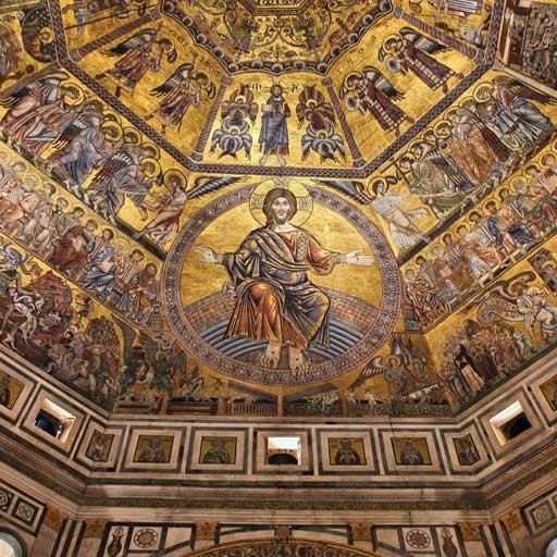 Battistero di San Giovanni, Florencia, es el mosaico bizantino que se encuentra en su cúpula. De colores dorados que rememoran a  la Basílica de San Marcos en Venecia #arquitectura