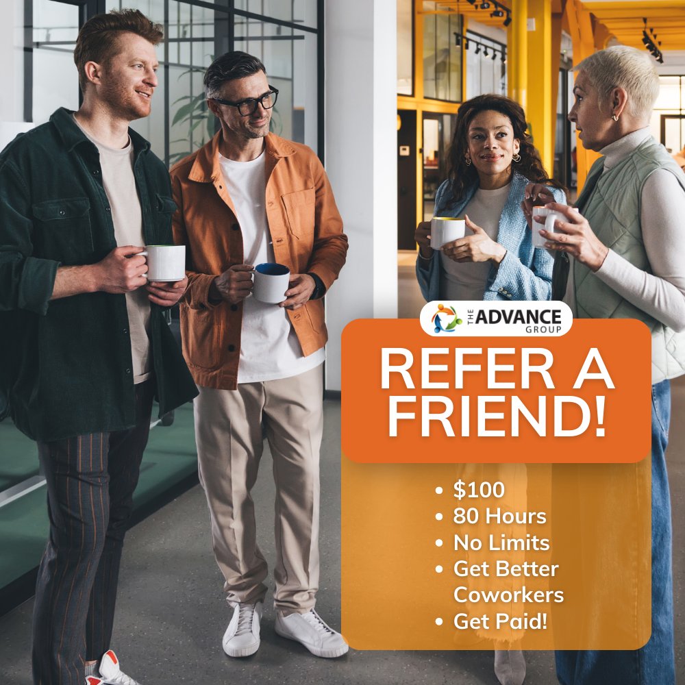 advancestaffing's tweet image. Refer a friend to The Advance Group! If we can place them and they work 80 hours, you'll get a $100 bonus!

Connect a friend with our experts today: nsl.ink/bwyy.  

#TheAdvanceGroup #BetterJobs #BetterPeople #DirectHire #TemporaryStaffing #TempToHire